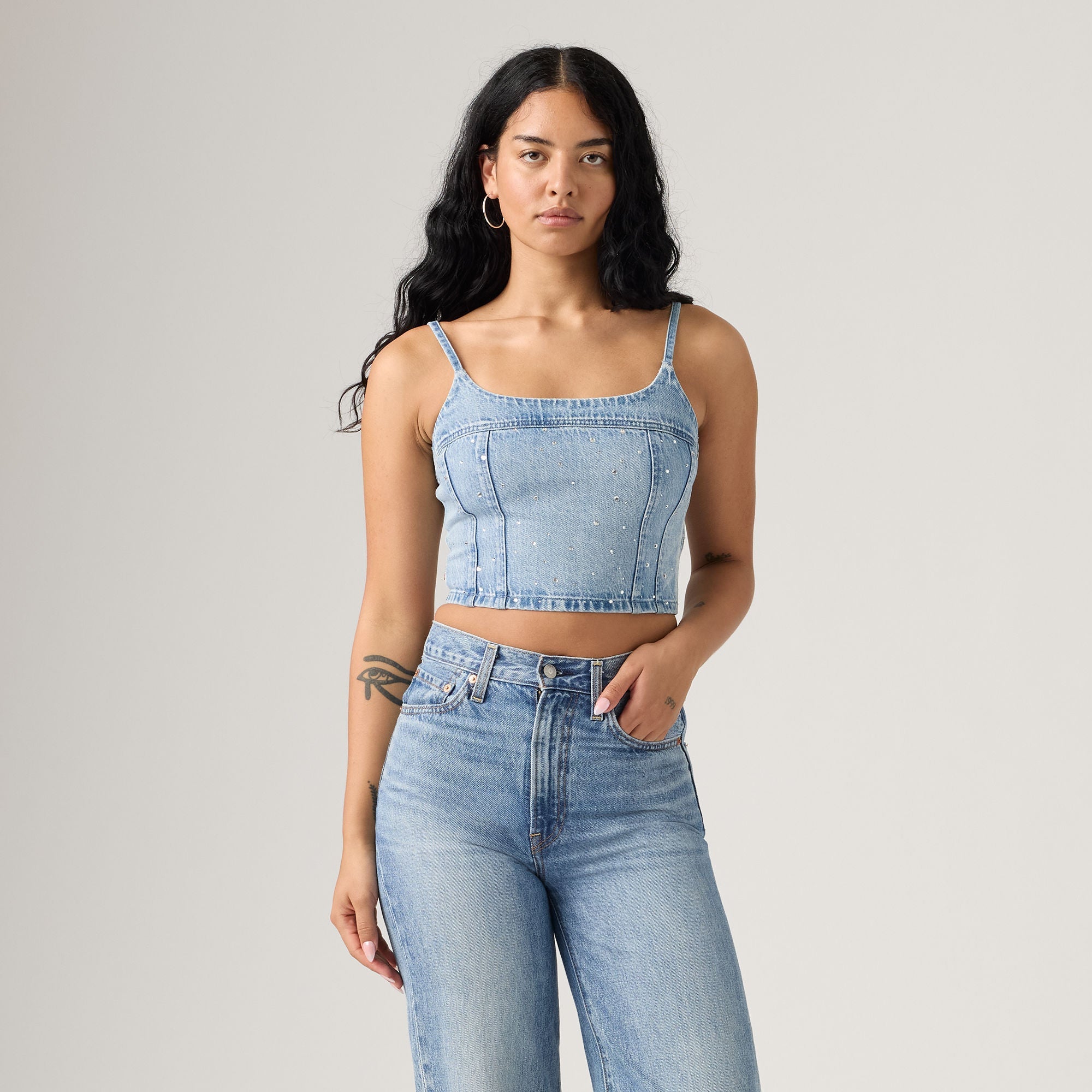 トップス Richmond denim tanktop Medium Wash Denim Cropped Smocked Tank Top | Lime Lush Boutique